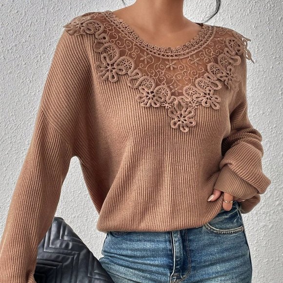 Apricot Casual Womens Guipure Lace Appliques Drop Shoulder Sweater - Picture 4 of 5